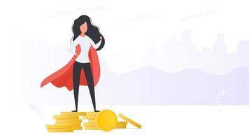 Ein Mädchen mit rotem Mantel steht auf einem Berg von Goldmünzen. Superheldenfrau. Vektor. vektor