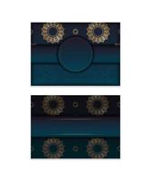 mall hälsningsbroschyr med gradient blå färg med vintage guldmönster för ditt varumärke. vektor