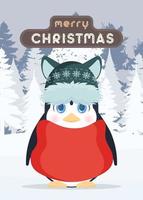 god Jul. en liten pingvin med en söt look står i en snöig vinterskog. pingvin i vintermössa och röd jacka. bra för vykort och böcker. vektor. vektor