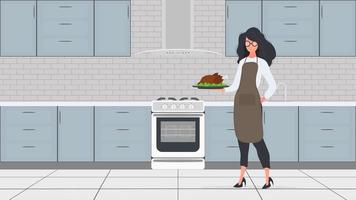 en hona håller en stekt kalkon i handen. en flicka i ett köksförkläde håller en stekt kyckling. bra för banderoller och artiklar på kulinariskt tema. vektor. vektor