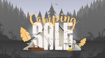 camping försäljning text banner på naturlandskap. vektor illustration