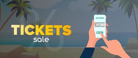 försäljning av biljetter banner. sandstrand med palmer. vektor