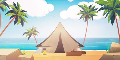 Campingzelt am Strand Landschaftsdesign von Camp Adventure Lifestyle und Reisethema Vector Illustration