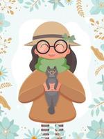 Ein süßes Mädchen mit Hut und Brille hält eine Katze in den Händen. geeignet für die Gestaltung von Postkarten und Büchern. Vektor