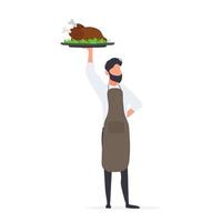 manlig kock håller en stekt kalkon i handen. killen i köksförklädet håller i sig stekt kyckling. isolerat. vektor. vektor