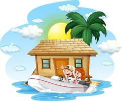 bungalow på ön med barn på motorbåt vektor