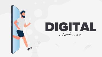 Digitales Detox-Banner. Der Typ läuft aus dem Smartphone. das Konzept des Verbots von Geräten, gerätefreier Zone, digitaler Entgiftung. Vektor. vektor