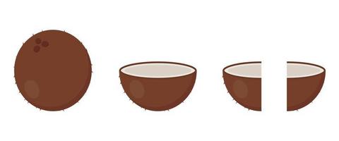 kokos ikon i tecknad stil. hel, halva och fjärde delen av kokosnöt. tropisk frukt. vektor