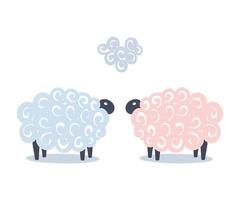 Süße zwei Schafe Vektor Kinder lieben Paar Illustration auf blauem Hintergrund mit Herz. Baby-Dusche-Hintergrund. Kind, das weiße Schafe im flachen Stil zeichnet. Kinderdesign für Stoff