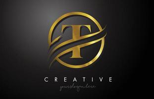 t goldenes Buchstaben-Logo-Design mit Kreis-Swoosh und goldener Metallstruktur vektor