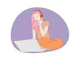 vacker kvinna eller söt flicka sitter framför dator bärbar dator, färgglada vektor