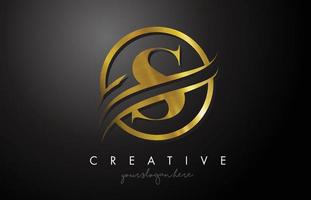 s goldenes Buchstaben-Logo-Design mit Kreis-Swoosh und goldener Metallstruktur vektor