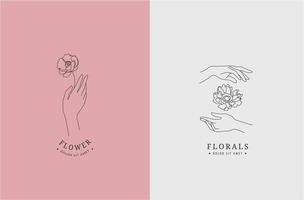 vektor uppsättning abstrakt logotyp designmallar i linjär minimal stil, händer med blommor. använd för kosmetika, smycken, skönhet, handgjorda produkter, tatueringsstudior