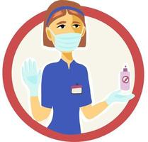en kvinnlig person med masker för att ge en säker arbetsmiljö under covid-19. en kvinna på jobbet. skylt, ansiktsmask, spray och handskar. säkerhet på jobbet. pandemisk vektor