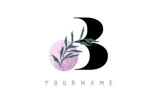 b-Brief-Logo-Design mit rosa Kreis und grünen Blättern. Vektor-Illustration mit botanischen Elementen. Naturvektorschablonen-Designkonzept mit Buchstaben b. vektor