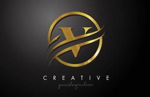 V goldenes Buchstaben-Logo-Design mit Kreis-Swoosh und goldener Metallstruktur vektor