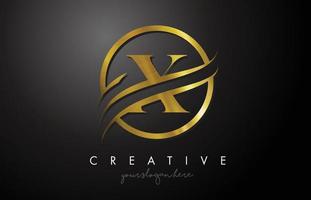 x goldenes Buchstaben-Logo-Design mit Kreis-Swoosh und goldener Metallstruktur vektor