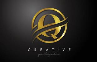 q goldenes Buchstaben-Logo-Design mit Kreis-Swoosh und goldener Metallstruktur vektor