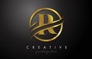 r goldenes Buchstaben-Logo-Design mit Kreis-Swoosh und goldener Metallstruktur vektor