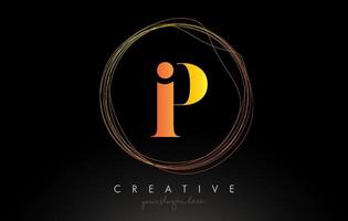 goldenes künstlerisches p-Brief-Logo-Design mit kreativem kreisförmigem Drahtrahmen um ihn herum vektor