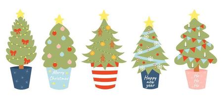 Weihnachtsbaum in Topf stellen, umweltfreundliches neues Jahr, Wiederverwendung, null Abfall, Ökologieurlaub. Vektor-Illustration im Cartoon-Stil isoliert. vektor