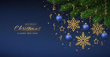 jul bakgrund med hängande gyllene snöflingor och blå bollar, guld metalliska stjärnor, konfetti, tall grenar. god jul gratulationskort. semester xmas och nyår affisch, omslag, banner. vektor