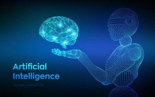 ai. artificiell intelligens. ai i form av kvinna cyborg eller bot. wireframe robot. digital hjärna. hjärnan i robothand. maskininlärning. grafisk design koncept för framtiden. vektor illustration.