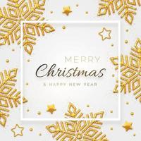 jul bakgrund med glänsande gyllene snöflingor, guldstjärnor och pärlor. god jul gratulationskort. semester xmas och nyår affisch, webb banner. vektor illustration.
