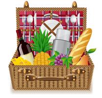Korb für ein Picknick mit Geschirr und Lebensmitteln vektor