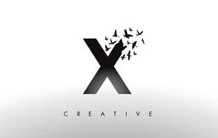 x-Logo-Buchstabe mit einem Vogelschwarm, der fliegt und sich vom Buchstaben auflöst. vektor