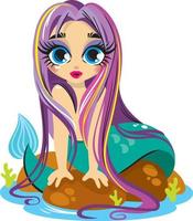 kleine lila Meerjungfrau mit langen Haaren sitzt auf einem Stein vektor