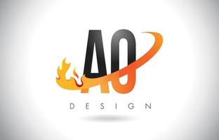 Ao Ao Letter Logo mit Feuerflammen-Design und orangefarbenem Swoosh. vektor