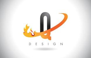 q-Brief-Logo mit Feuerflammen-Design und orangefarbenem Swoosh. vektor