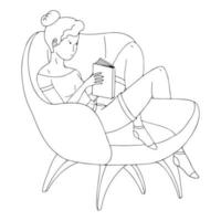 vektor doodle kvinna i en stol med en bok, en ung kvinna som läser