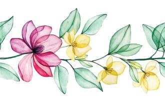 Aquarell nahtlos Rand mit transparent Magnolie Blumen. Rosa Blumen und Blätter, Röntgen vektor