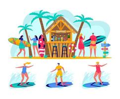 Konzept der Leute, die mit Surfbrettern surfen. junge Frauen und Männer genießen Urlaub am Meer, Meer, Strandbar. Konzept von Sommersport und Freizeitaktivitäten im Freien, Wandern. flacher Vektor