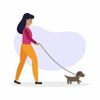 flickan gick ut med hunden på en promenad. en kvinna går en valp i koppel. vektor