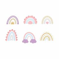 Stellen Sie einen schönen Regenbogen im Doodle-Stil ein. Wolken für Design Kinder Postkarte. Modedesign für Mädchen. vektor