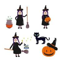 Set mit süßer Hexe für Halloween-Feiertage. schwarze Katze und Kürbis. Sammlung von Aufklebern für den 31. Oktober. Vektorfigur im Cartoon-Stil. vektor