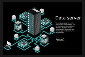 begreppet data nätverkshantering .vector isometrisk karta med affärsnätverk servrar datorer och enheter vektor