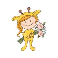 Reizendes Mädchen in einem Giraffenkostüm mit einem Blumenstrauß der Blumen. vektor