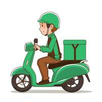 Zeichentrickfigur des Essenslieferanten, der grünes Motorrad reitet. vektor
