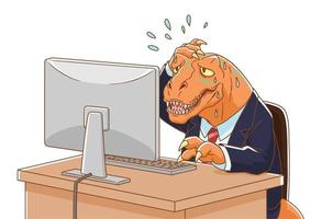 Karikaturillustration des tragenden Anzugs des Dinosauriers, der mit dem Computer arbeitet. vektor