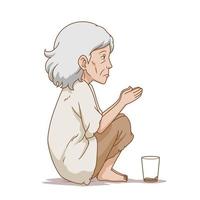 Karikaturillustration der alten Bettlerfrau, die auf dem Boden sitzt. vektor