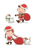 tecknad illustration av pojke och flicka klär jultomten trasor, gå med katt och hund. vektor