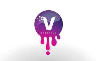 v letter splash logotyp. lila prickar och bubblor brev design vektor