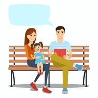 junge Familie, die mit Tochter auf einer Bank sitzt. Ruhe und Ruhe im Freien. Vektor-Illustration. vektor