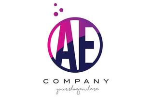 ae-Anzeigenkreis-Buchstaben-Logo-Design mit lila Punkteblasen vektor