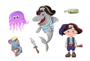 Sats av roliga tecknade söta barn av pirater och havsinvånare. vektor