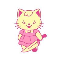 y2k kawaii wenig Mädchen Katze Lachen mit Messer Rosa retro groovig Symbol eben Illustration vektor